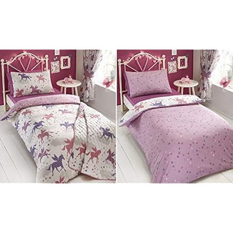 Kidz Club Divine Unicorn Duvet Quilt Cover and 2 Pillowcase Bed Set for Girls, Reversible Design-Pink/White, Polyester-Cotton, Double Cover