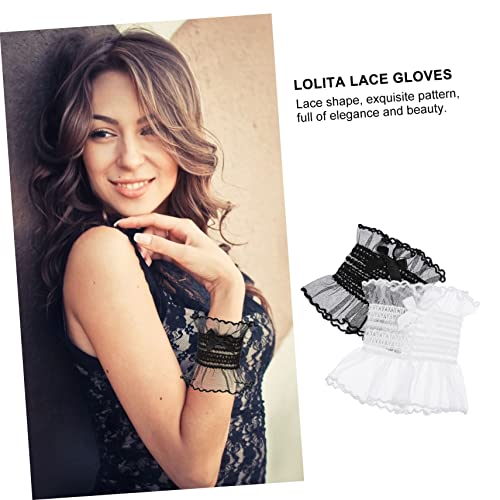 2Pairs Elegant Lolita Lace Gloves Wedding Bridal Gloves Black White for Parties Formal Occasions Flexible Design with Lace Hemming3