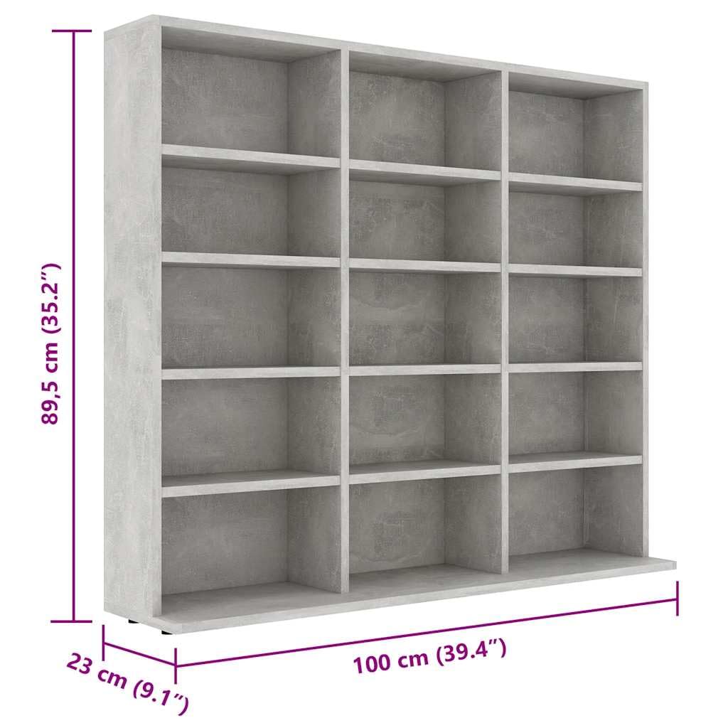 Scaffale per CD, grigio cemento, 100 x 23 x 89,5 cm, in legno con 15 scomparti aperti, per musica, media, TV, soggiorno, vano portaoggetti, gestione dei cavi, durevole, facile da montare