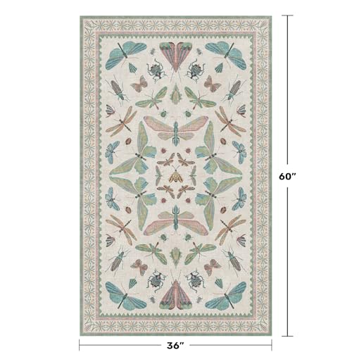 Image of Washable Sage Green Large Entryway Rug, 3x5 Area Rugs for Laundry Room, Kitchen, Bedroom, Dorm, Insect Print Vintage Floral Non-Slip Throw Rug Low Pile Stain Resistance