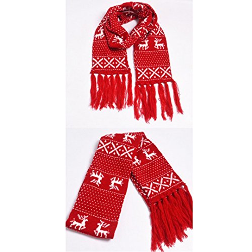 Men Women Christmas Reindeer Snowflake Dotted Knit Scarf with Tassels Winter Warm Long Scarf Wrap Red3