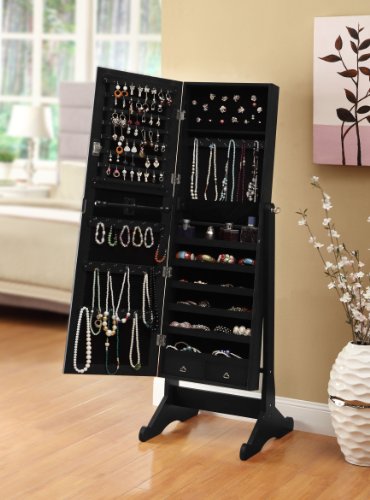 Black Mirrored Jewelry Cabinet Amoire W Stand Mirror Rings, Necklaces, Bracelets #TOP1
