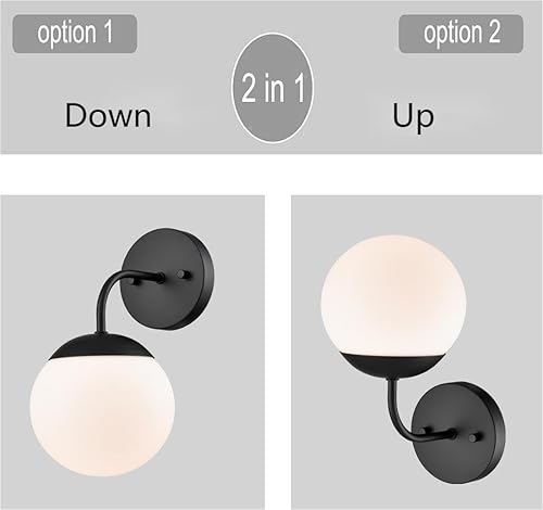 Miniatura 4 de DANSEER Juego de 2 apliques de pared negros de estilo nórdico moderno con forma de globo lechoso para tocador de baño