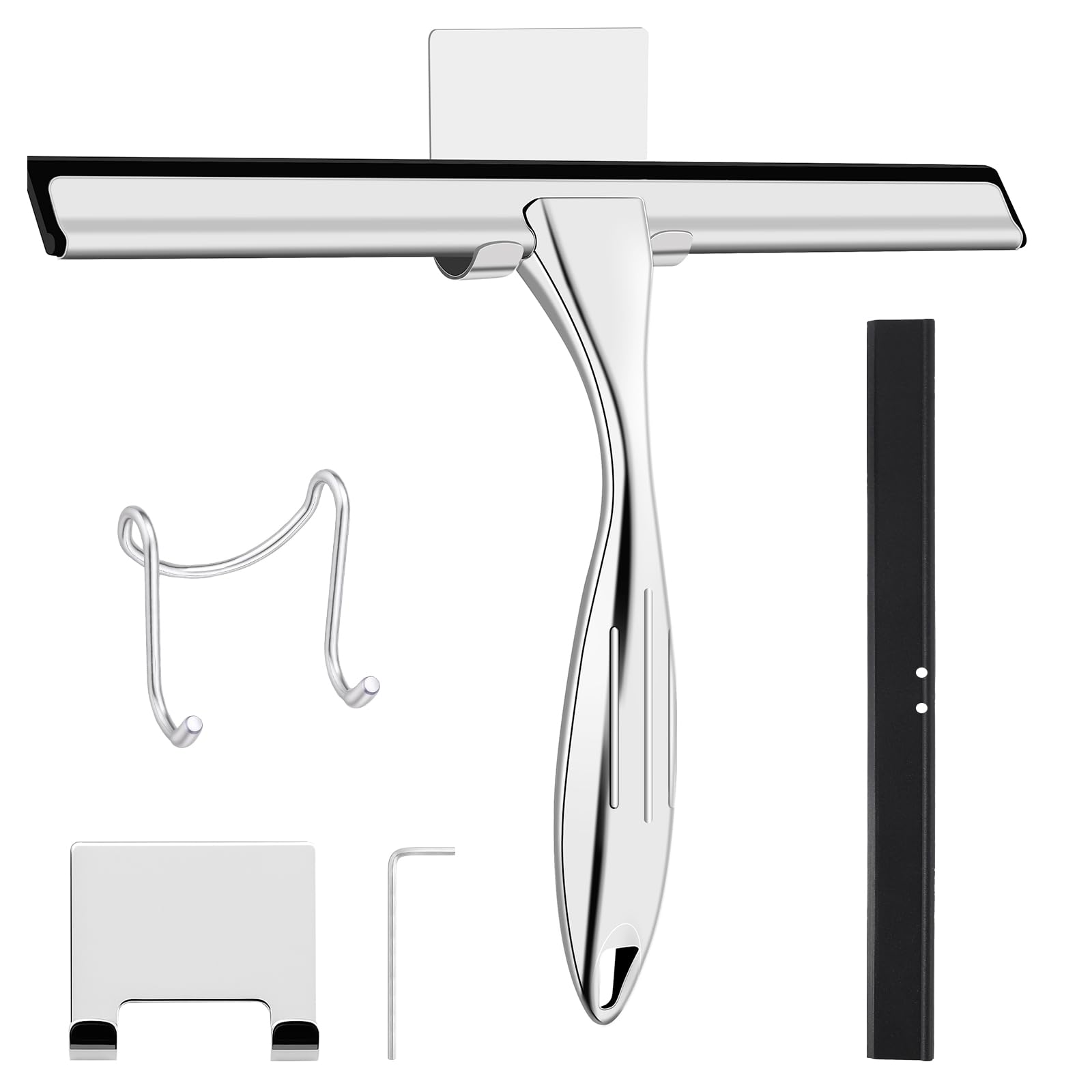 wlich Shower Squeegee, 10 Inch Stainless Steel Window Squeegee Cleaner for Shower Glass Door with 2 Hook, Shower Screen Wiper for Bathroom, Window, Mirror & Car Glass