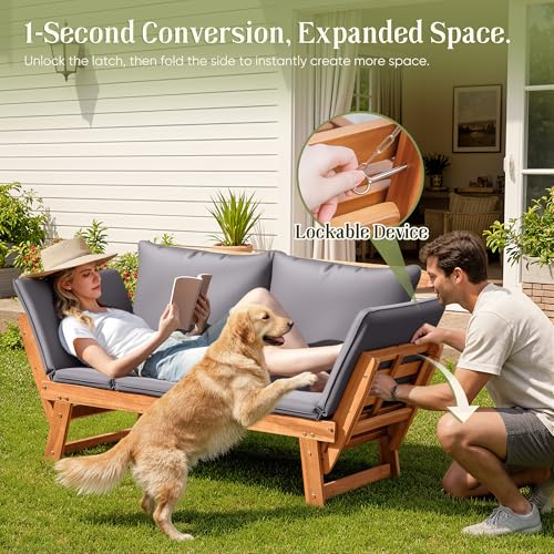 image for Flamaker Outdoor Couch with Adjustable Armrests, Acacia Wood Patio Lov