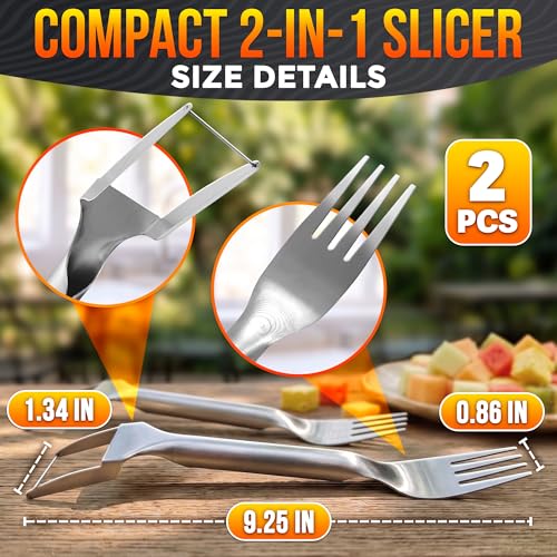 Image of 2 Pcs Stainless Steel Watermelon Cutter Slicer Tool 2-in-1 - Cutter & Fork | Perfect Cube with Zero Juice Mess, Watermelon Slicer Tool for Melon & Dragon Fruit - Portable for Picnics & Summer Parties