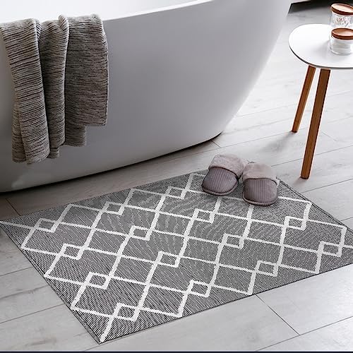 Lush Ambience Gloria Handwoven Cotton Area Rug, Washable Rug, Entryway Rug, Rug for Indoor Front Entrance Hall, Kitchen, Bedroom, Dining Room & Bathroom, Black Area Rug 2x3 Ft