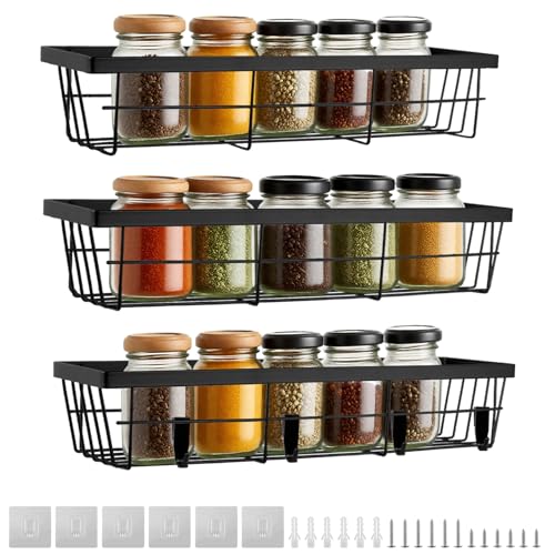 3 Pack Spice Rack Wall Mounted, Spice Racks for Inside Cupboard, Cabinet Door Spice Rack, Seasoning Organizer, Spice Shelf with 4 Removable Hhooks, Adhesive & Screw Mount (No Spice Jars Included)