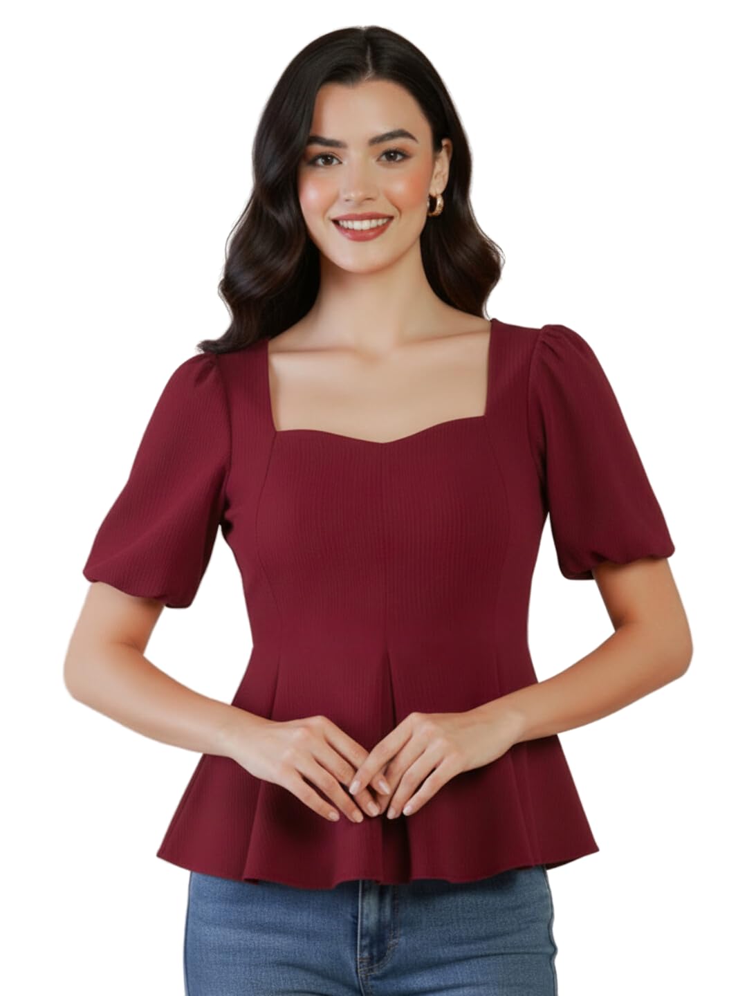 uptownie Women Tops | Stretchable Puff Sleeve Peplum Top with Sweetheart Neckline & Ribbed Texture | Knitted Cotton Ribbed Fabric for Casual & Smart Casual Wear-picture-51
