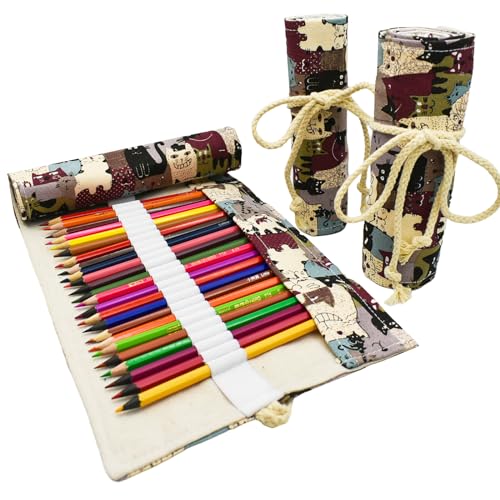 Image of Cat Colored Pencil Wrap Case Roll Up Holders Canvas Kitten Pencil Organizers for Artist Adult Coloring Travel Storage With 24 Slots(Animals)