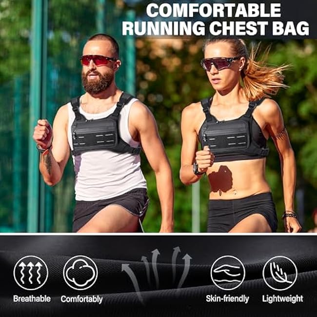 MOZETO Running Vest for Men with Reflective Back, Water Resistant Running Chest Pack For Workouts, Sports Phone Holder With Extra Storage, Lightweight Chest Bag