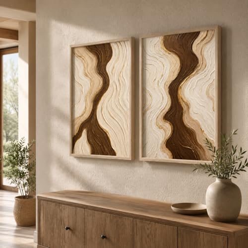 Image of Livin'luxe Set of 2 Brown Beige Abstract Wall Photo with Frame for Living Room Bedroom Hall Office Decor, Premium Wooden Synthetic Frame Luxury Artwork Gift