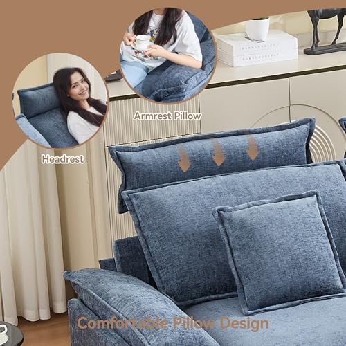 Image of 72'' Cloud Modern Loveseat Couch with Detachable Headrest, Modular Sectional Sofa Couch Deep Love Seat, Oversized 2 Seater Chenille Comfy Sofa with Armrests for Living Room, Blue