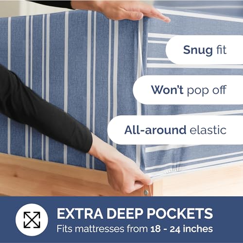 Image of Extra Deep Split King Fitted Sheet - Single Fitted Sheet - Blue Stripes | Easily Fits 18 inch to 24 inch Mattress, Soft, Wrinkle Free, Breathable & Comfy, Extra Deep Pockets Hotel Luxury Fitted Sheet