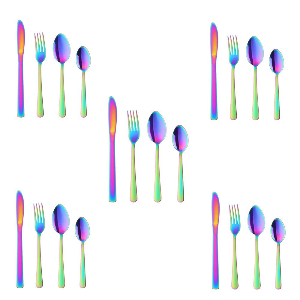 Buyer Star 20-Piece Rainbow Silverware Flatware Set for 5, Light Weight Cutlery Sets for Travel Camping, Hand Polish, Dishwasher Safe