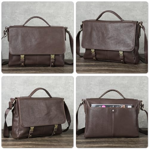 Image of Top Grain Litchi Leather 16.2 inch Laptop Briefcase Crossbody Handbag, Vintage Handmade & Adjustable Strap, Fits to MacBook Pro 16.2 inch M1 Max 15 inch Touch Bar 16 inch Pro & A4 /A5 Paper, Coffee 16.2 Inch