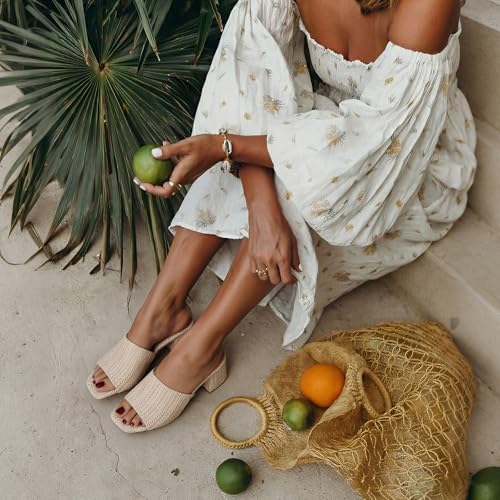 Image of Ancomafio Heeled Sandals for Women，Raffia Sandals 2026 Chunky Heels Square Toe Mules Block Summer Shoes Slip On