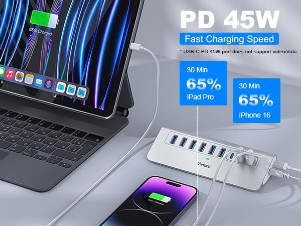 Image of Powered USB Hub 10Gbps, intpw 9-Port USB 3.2 Hub, USB C Hub with USB A /USB C 3.2, 4 USB 3.0, 2 PD 45W Charging Ports, 65W Power Adapter and 3.3FT Cable, Aluminum USB Hub for PC,Laptop,iPhone 17 /16 /15