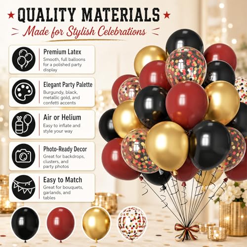 Image of Burgundy Gold Balloons, 60Pcs Burgundy Balloon, 12 Inch Metallic Gold Wine and Black Latex Balloons for Birthday Party Bachelorette Graduation Anniversary Bridal Shower Celebration Party Decorations