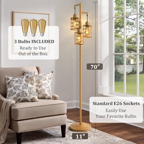 Image of BOBOMOMO 70 inch Farmhouse Dimmable Floor Lamp, Light Wood Grain Industrial Metal Cage Standing Lamp with 3 LED Bulbs, Stepless Dimming Tall Tree Lamp for Living Room, Bedroom, Studio, Corner