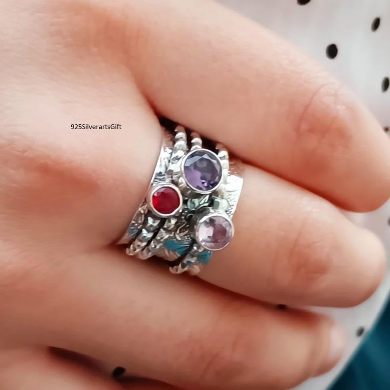3 Stone Spinner Ring Handmade 925 Sterling Silver Jewelry Gift For Woman Garnet Rose Quartz & Amethyst Wedding Band Ring Band Excellent RingStress Relief |LK_PCSB_14022
