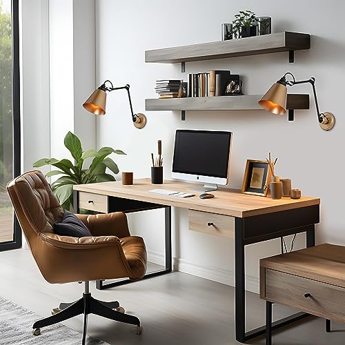 Image of LALUZ Sconce Wall Lighting, Swing Arm Wall Sconce Set of 2, Mid Century Adjustable Wall Mounted Light Fixtures for Bedroom, Living Room, Black and Dark Gold Finish