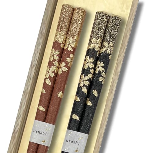 橋本幸作漆器店 桜ふぶき 2膳セット 輪島うるし箸 乾漆仕上げ 桐箱入り 日本製 高級 滑りにくい 夫婦箸 お揃い ペア ギフト 記念日 プレゼント (茶, 黒)