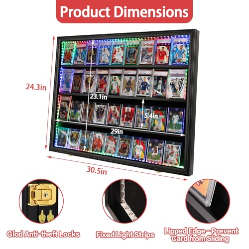 Image of KCRasan 36 Graded Sports Card Display Case with LED - Baseball Card Display Frame Lockable - Trading Card Collector Wall Display Holder for Basketball Football Hockey Cards, UV Protection Acrylic