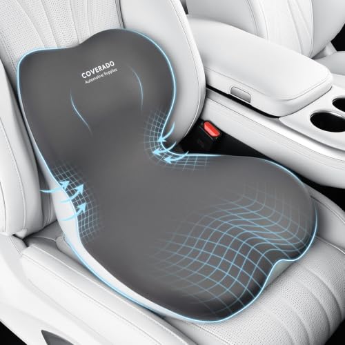 Image of Coverado Car Seat Cushion and Lumbar Support Pillow One Piece, Memory Foam Ergonomic Back Support Driving Seat Cushion for Back Pain, Non-Slip Washable Cushion for Car, Driver, Office