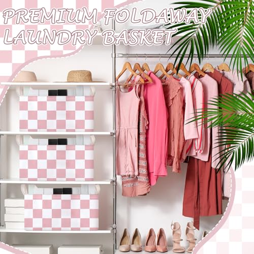 Image of Boao 3 Pcs Pink and White Checkered Storage Basket with Handle Cute Car Baskets Gingham Classroom Laundry Toy Storage Bin Organizer Canvas Plaid Hamper for Dormitory Home Nursery Bathroom Bedroom