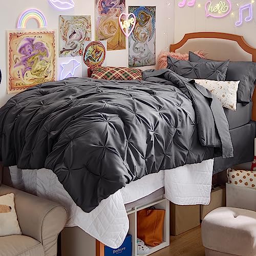 Image of Bedsure Twin Comforter Set Dark Grey - Bed in a Bag Twin Size Bedding 5 Pieces, GentleSoft Pintuck Bed Set Gift for Family, All Season Down Alternative Comforter with Sheets, Pillowcase & Sham