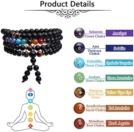 JOVIVI 108 Mala Prayer Beads Meditation Bracelet 7 Chakra Crystal Healing Lava Rock Stone Essential Oil Aromatherapy Diffuser Necklace Men Women Jewellery