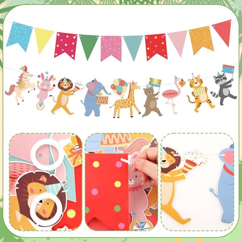 Image of Hooqict Animal Party Banner with Colorful Pennant Banner Flag Animal Parade Birthday Decorations Happy Birthday Garland for Kids Girls Boys Zoo Carnival Circus Party Decorations Supplies