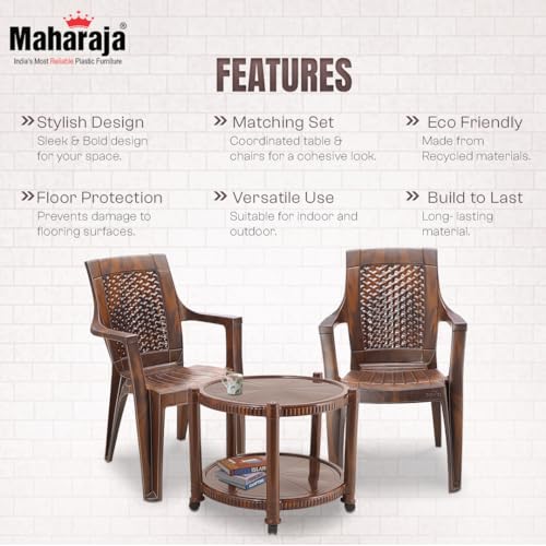 Image of MAHARAJA Classic Plastic Table & Chair Set | Elegant Design, Sturdy Build | Perfect for Home, Office & Garden Use (Teakwood, 2 Chair+1 Table)