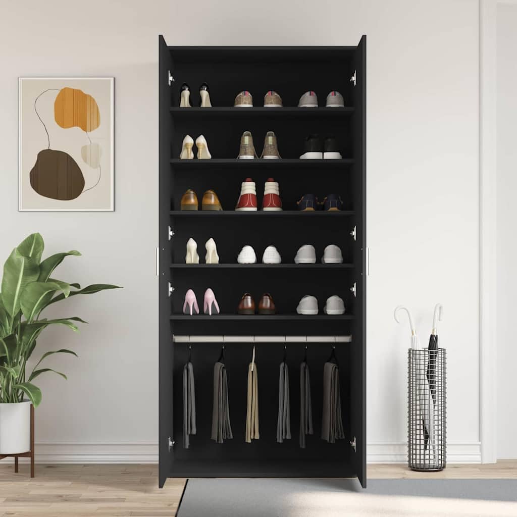Szafka na buty z regałem, czarna, 80 x 39 x 178 cm, wykonana z materiału drewnopochodnego, oszczędność miejsca do przechowywania do przedpokoju i przedpokoju, z 5 półkami i uchwytami na