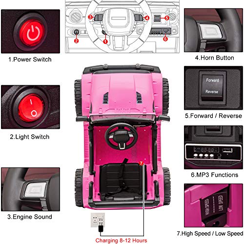 JOYMOR Ride on Truck with Remote Control, 4 Wheels 12V Battery Powered Kids Car, with LED Headlight/Horn Button/ MP3 Player/USB Port/ Forward Backward/Kids Girl Boy (Pink)