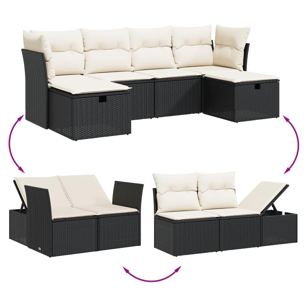 Juego de 6 sofás de jardín de polirratán negro para terraza y jardín, conjunto modular con 2 sillones centrales, 2 sillones con reposabrazos y 2 taburetes, incluye cojines