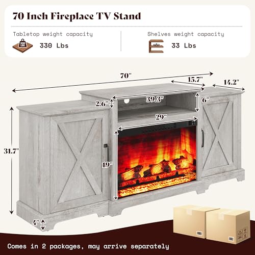 Image of AMERLIFE 70 inch Farmhouse Fireplace TV Stand with Storage for TVs up to 80 inch | Entertainment Center with 29 inch Electric Fireplace, Media Console with 2 Cabinets & Adjustable Shelf, Light Grey
