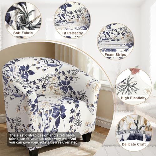 Image of SearchI Club Chair Slipcover Stretch Barrel Chair Covers Printed Tub Chair Slipcovers Soft Spandex Armchair Sofa Cover Removable Couch Furniture Protector for Living Room (Blue Flowers)