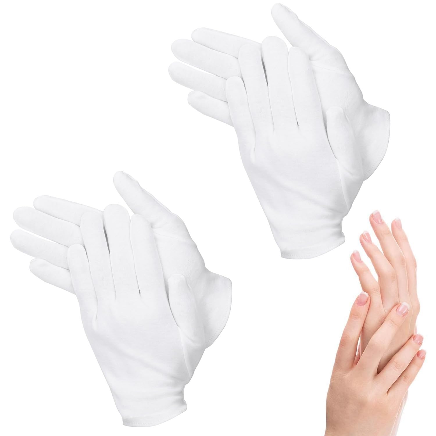 2 Pairs Cotton Moisturizing Gloves Over Night Bedtime White Cotton Cosmetic Inspection Premium Cloth Quality Eczema Dry Sensitive Irritated Skin Spa Therapy Secure Wristband One Size
