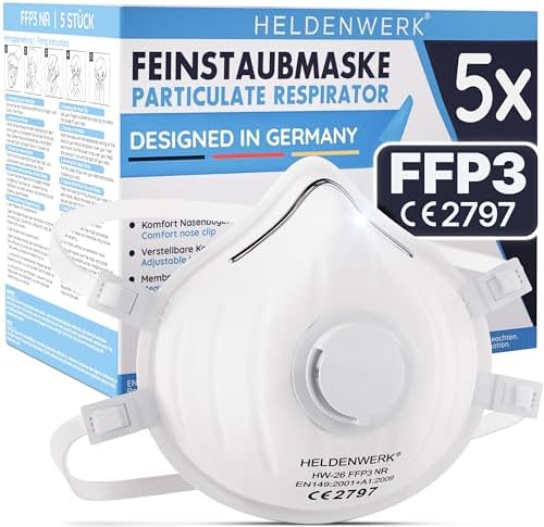 HELDENWERK® FFP3 Maske mit Ventil – 5er, 10er oder 20er Set – Atemschutzmaske/Staubschutzmaske zertifiziert Ausatemventil – Staubschutzmasken mit verstellbaren Hinterkopfband