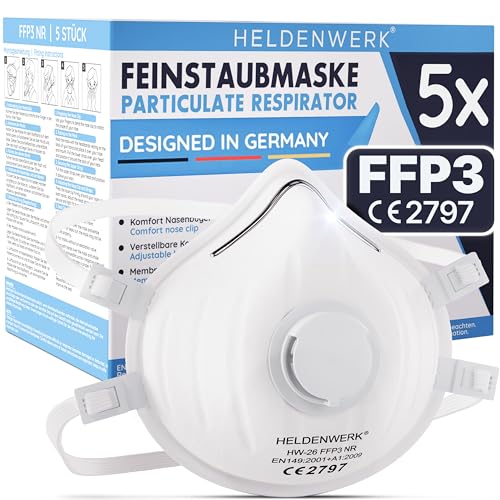 HELDENWERK® FFP3 Maske mit Ventil – 5er, 10er oder 20er Set – Atemschutzmaske/Staubschutzmaske zertifiziert Ausatemventil – Staubschutzmasken mit verstellbaren Hinterkopfband (5er Pack)