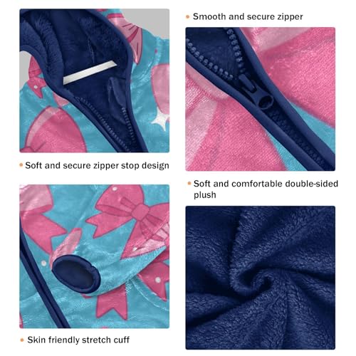 Pink Bows on Blue Background Toddler Fleece Jacket Girl Boys Hooded Fleece Jacket Coat Warm Outwear Zip-up 3-10T3