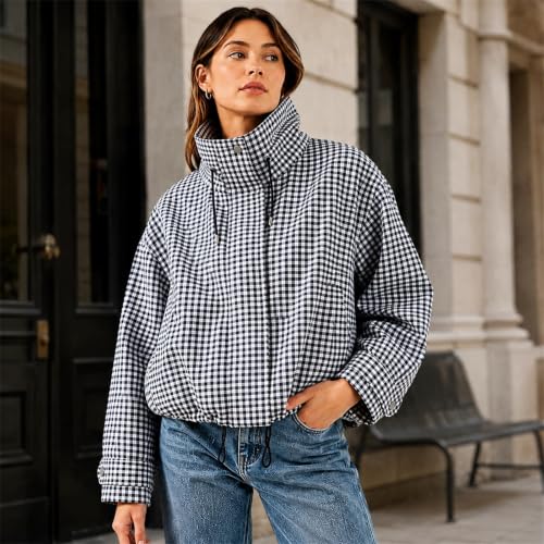 Womens Zip Up Jacket Gingham Striped Stand Collared Pullover Jacket - image 5