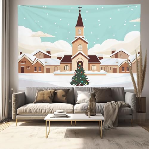 Tapisserie murale sapin de Noël et église en tissu bleu clair, cadeau idéal de pendaison de crémaillère