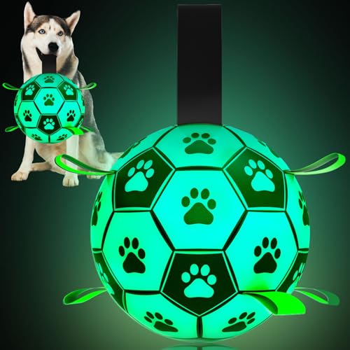 Image of Glow in The Dark Dog Toys, 8'' Dog Soccer Ball with Straps Upgraded Interactive Light Up Dog Toys, World Cup Dogs Football, Outdoor Tug Toys for Medium & Large Dogs Birthday Gifts(8 Inch-Large)