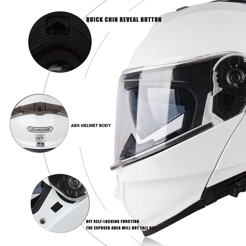 Uchoose Modular Motorcycle Helmets Dual Visor DOT Flip up Full Face Street Dirt Bike ATV Off-Road Motocross Helmet (L, Bright White)