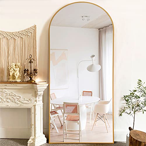 NeuType Arched Full Length Mirror, Large Arched Wall Mirror Floor Mirror with Stand, Full Body Dressing Mirrors Standing Hanging or Leaning Against Wall, Aluminum Alloy Thin Frame 71"x32", Gold