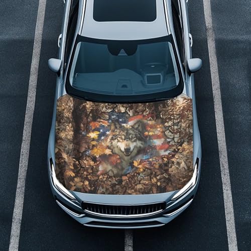 Image of Car Hood Cover Wolf American Flag Stretchable 59x39 Inches Car Hood Wraps Vehicles Banner Outdoor Decorations for Compact Sedans SUV Trucks