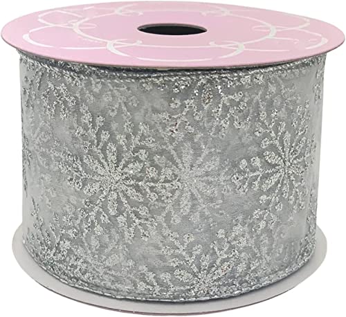Image of Silver Snowflake Sheer Christmas Ribbon - 2 1 /2 inch x 10 Yards, Wired Ribbon, Gift Wrapping, Wreath Decoration, Garland, Tree Topper Bow, Winter, Gift Basket, Bows, Winter Decor